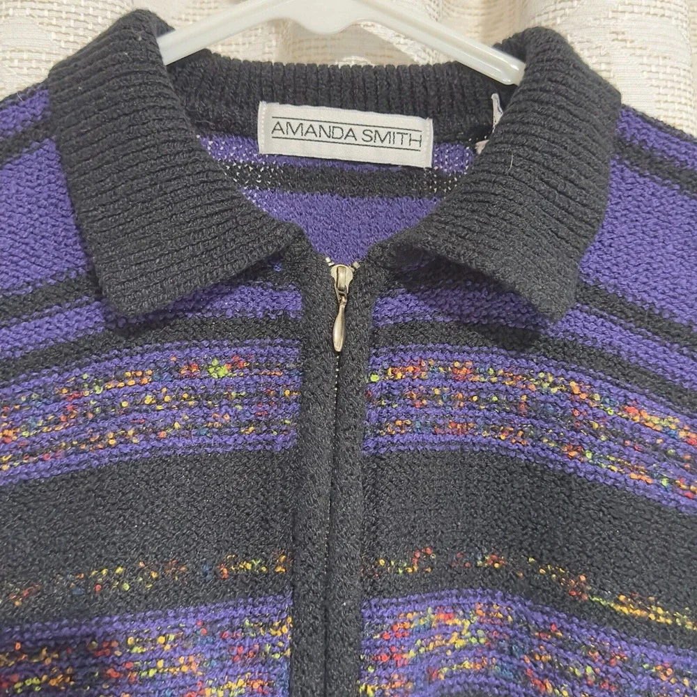 Amanda Smith‎ Women M Full Zipper Knit Sweater Purple Multi Colored Stripes